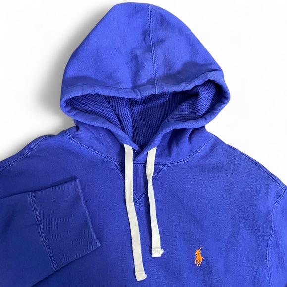Polo Ralph Lauren Hoodie Blue Pullover Heavy Weight Orange Pony Logo Men's Large - Picture 1 of 6